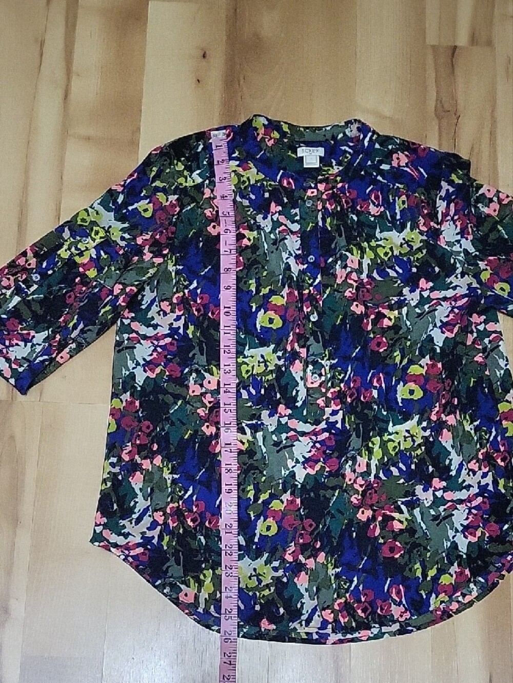 J.Crew Floral Abstract Botanical Tunic Blouse Green Blue Long Sleeve Small - Picture 9 of 10